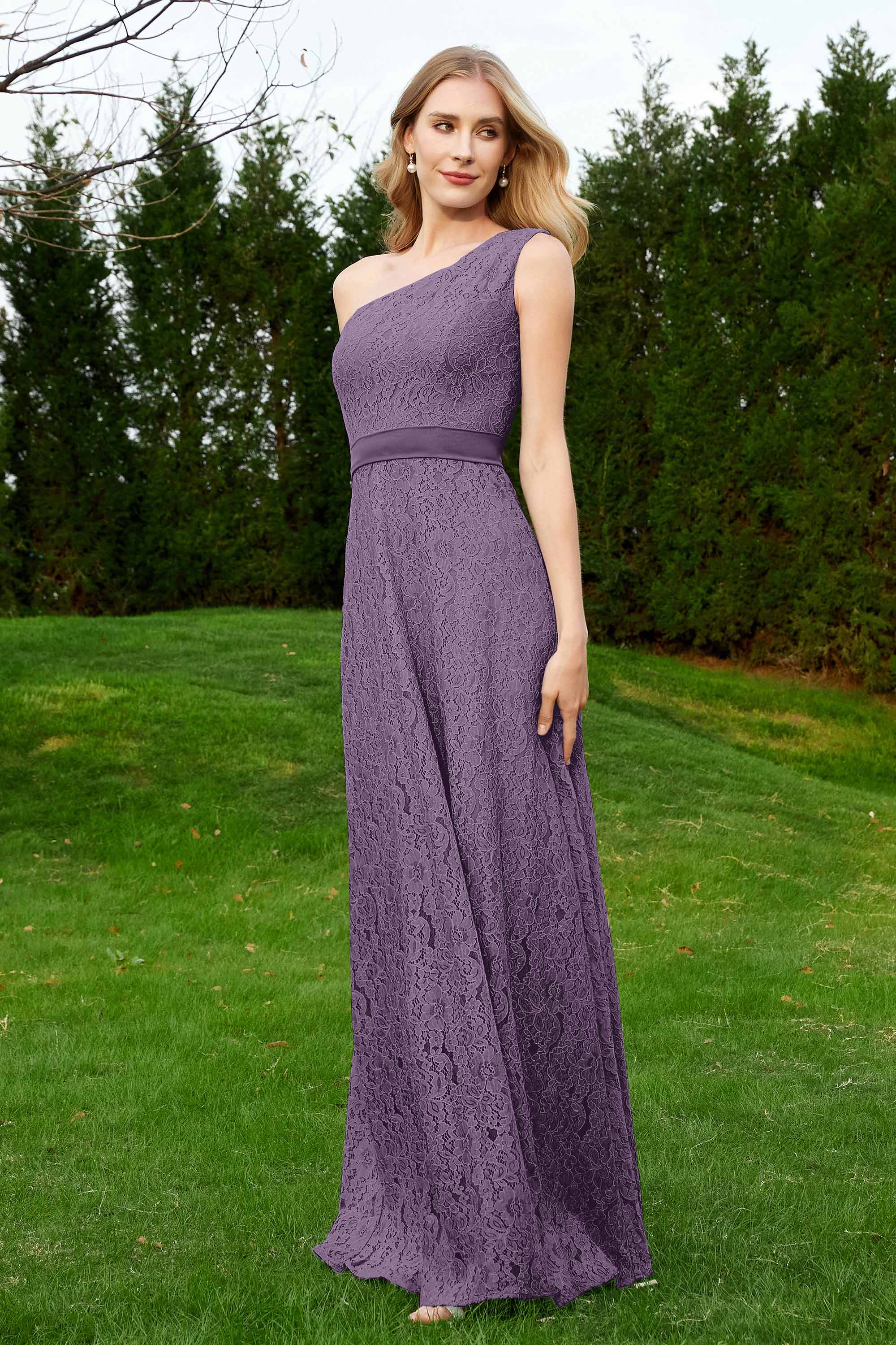 One Shoulder Sleeveless Lace Formal Evening Dresses Sash Ruched Bridesmaid Party Gowns