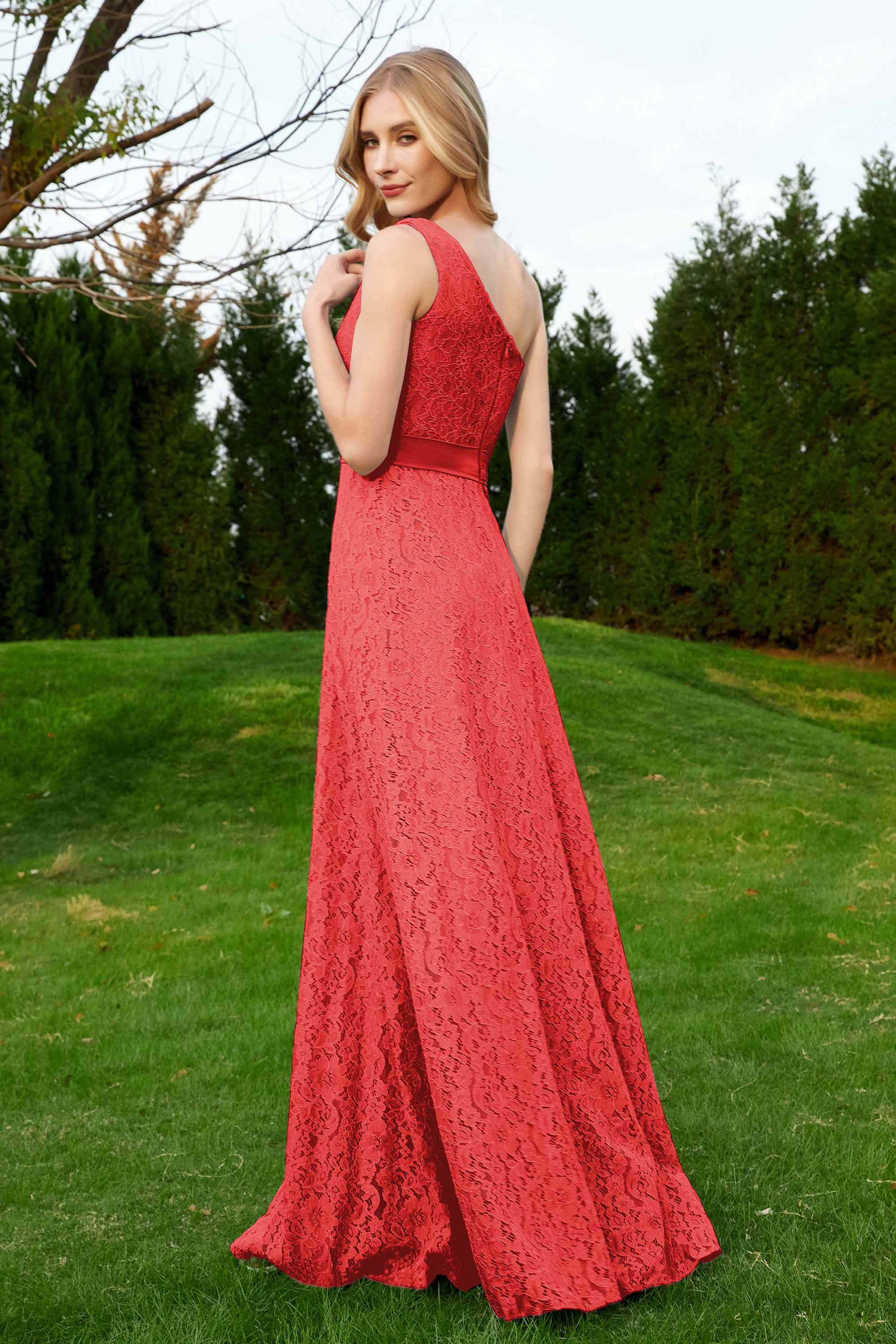 One Shoulder Sleeveless Lace Formal Evening Dresses Sash Ruched Bridesmaid Party Gowns