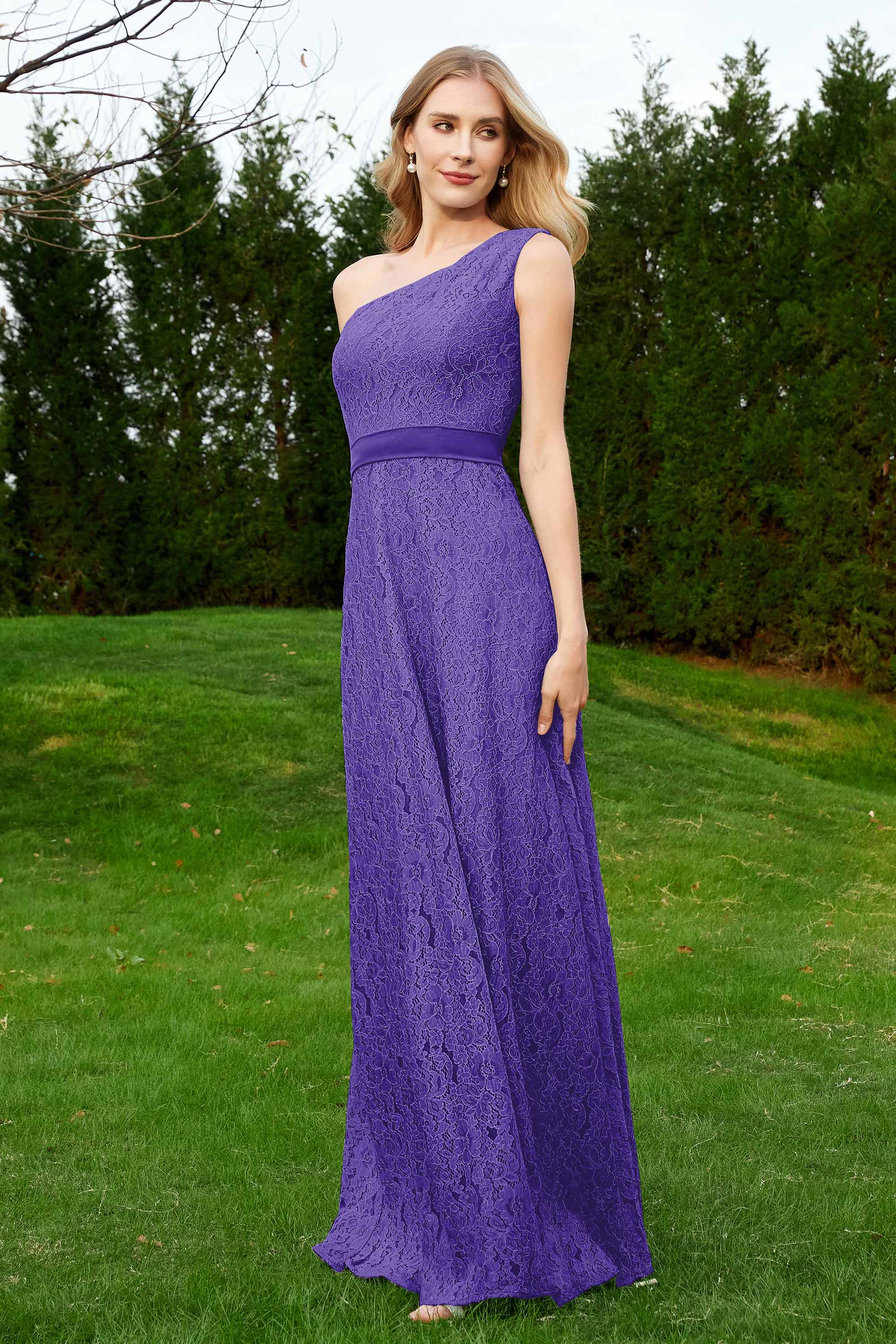 One Shoulder Sleeveless Lace Formal Evening Dresses Sash Ruched Bridesmaid Party Gowns