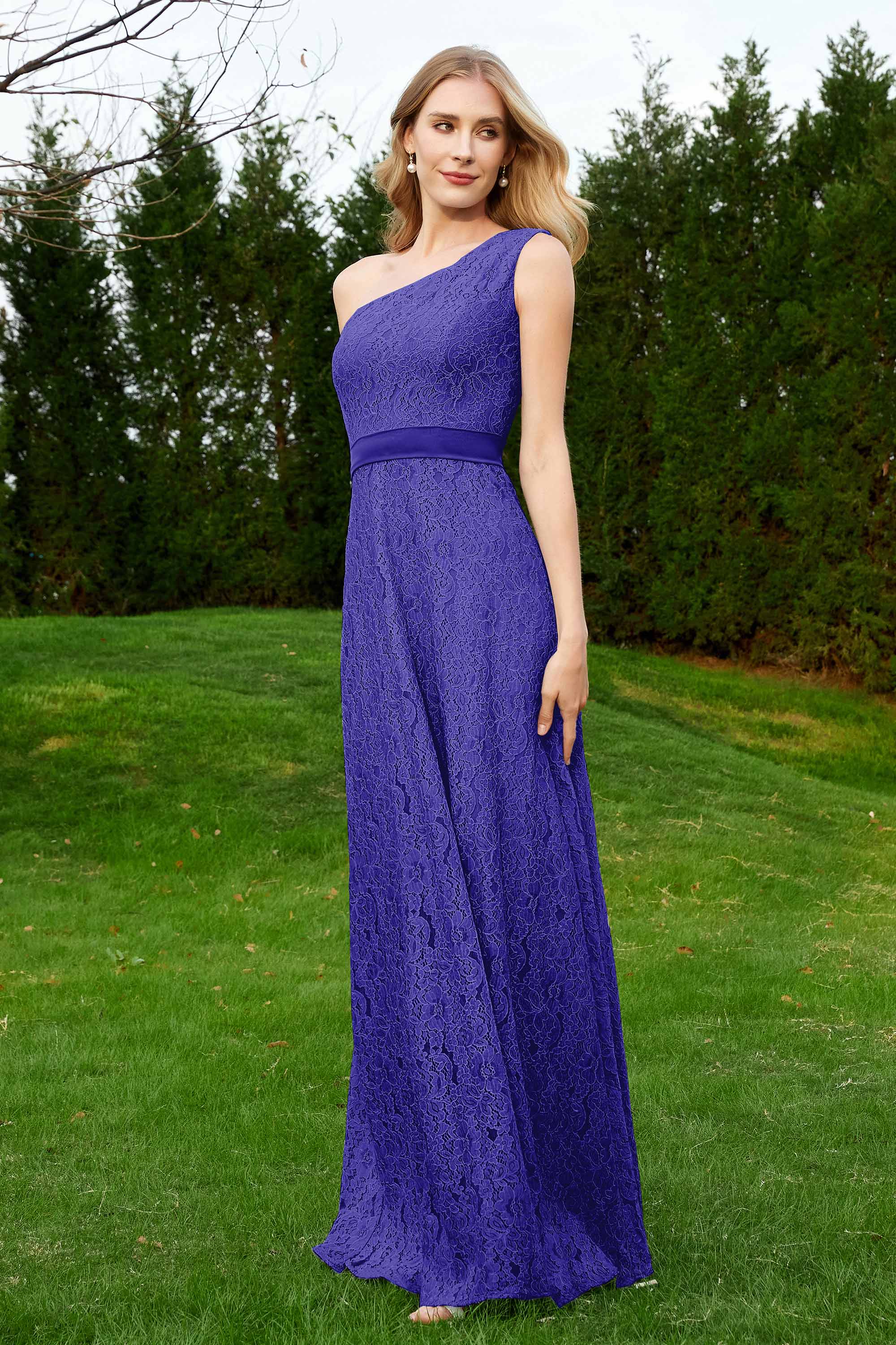One Shoulder Sleeveless Lace Formal Evening Dresses Sash Ruched Bridesmaid Party Gowns