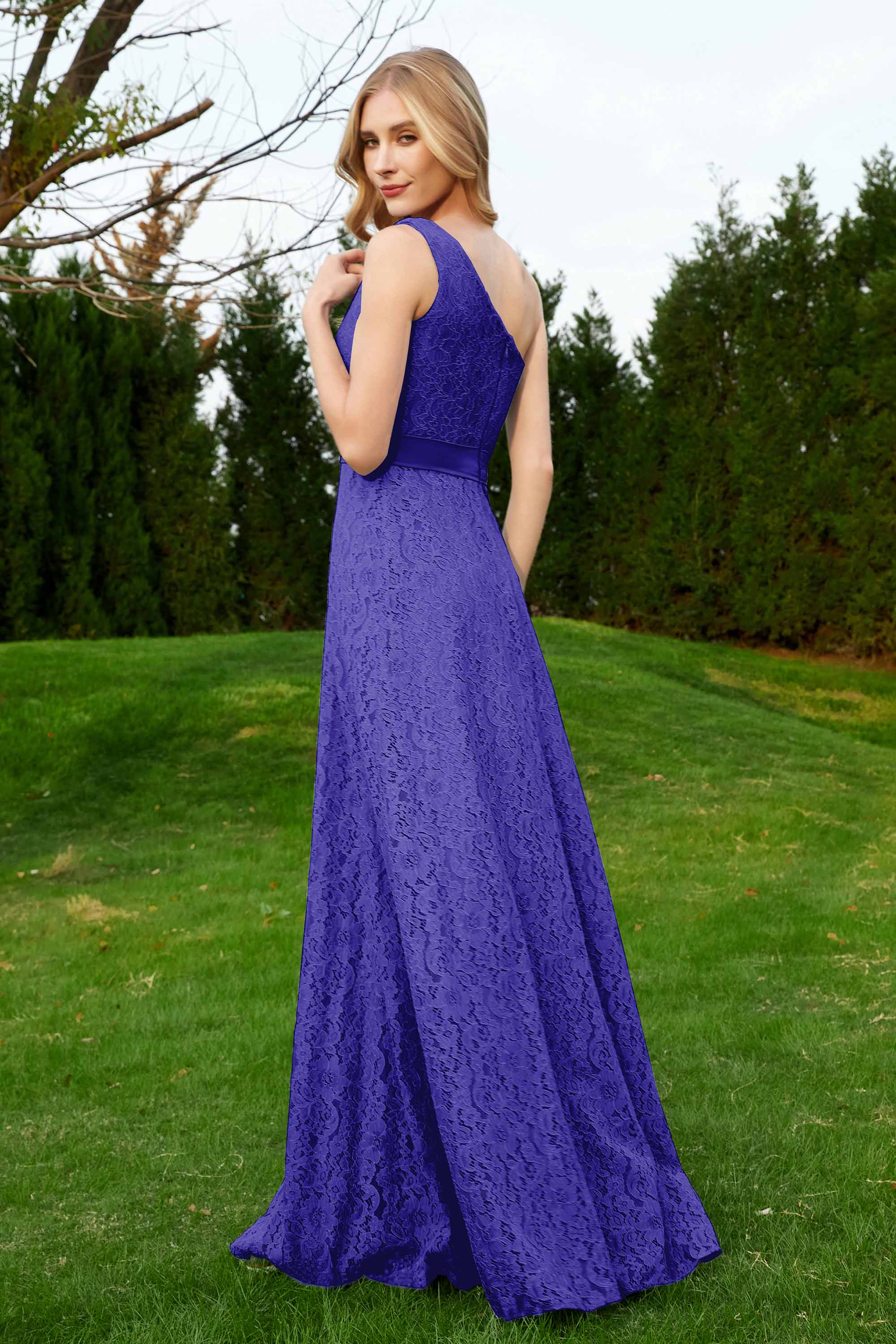 One Shoulder Sleeveless Lace Formal Evening Dresses Sash Ruched Bridesmaid Party Gowns