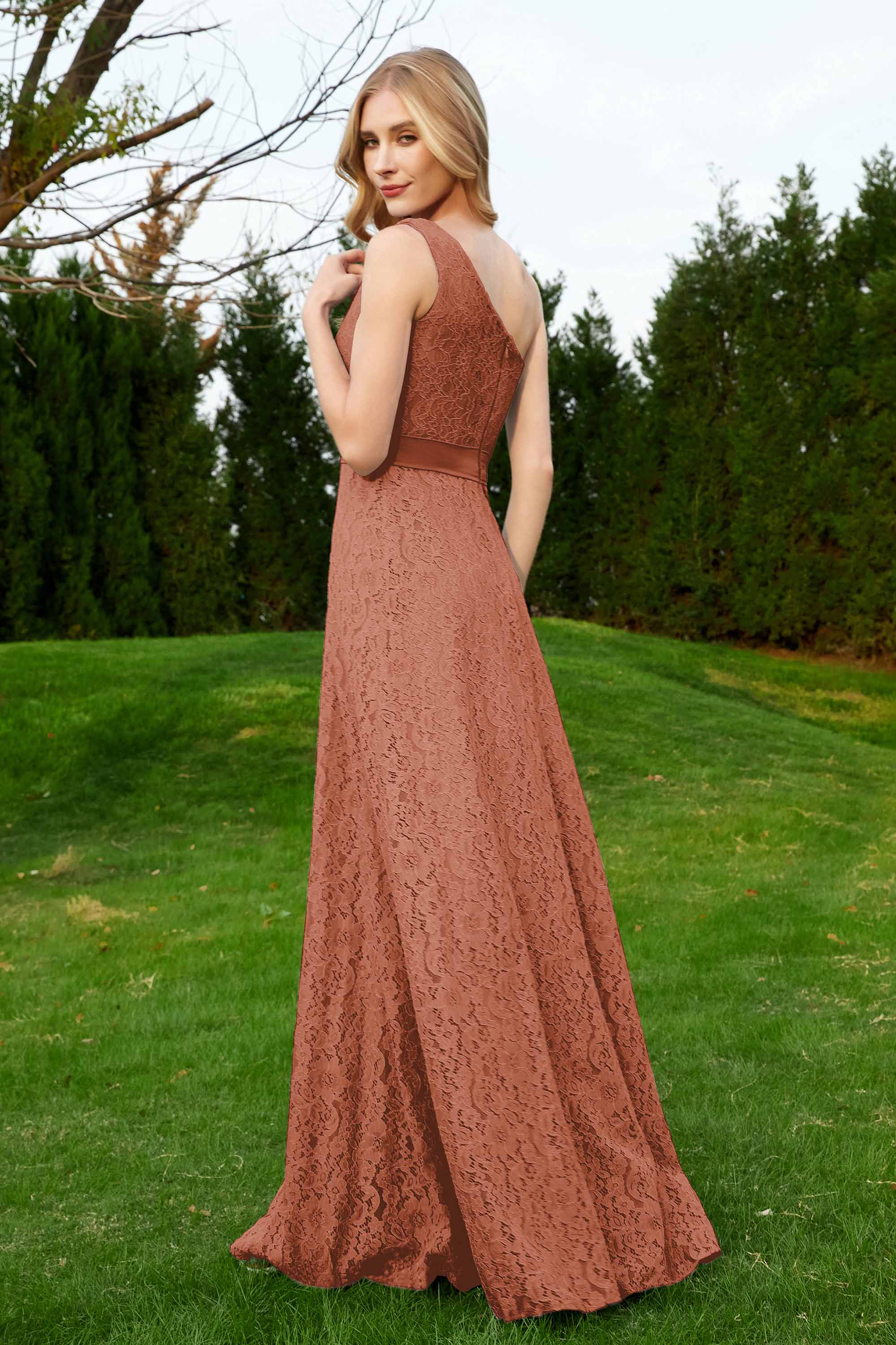 One Shoulder Sleeveless Lace Formal Evening Dresses Sash Ruched Bridesmaid Party Gowns