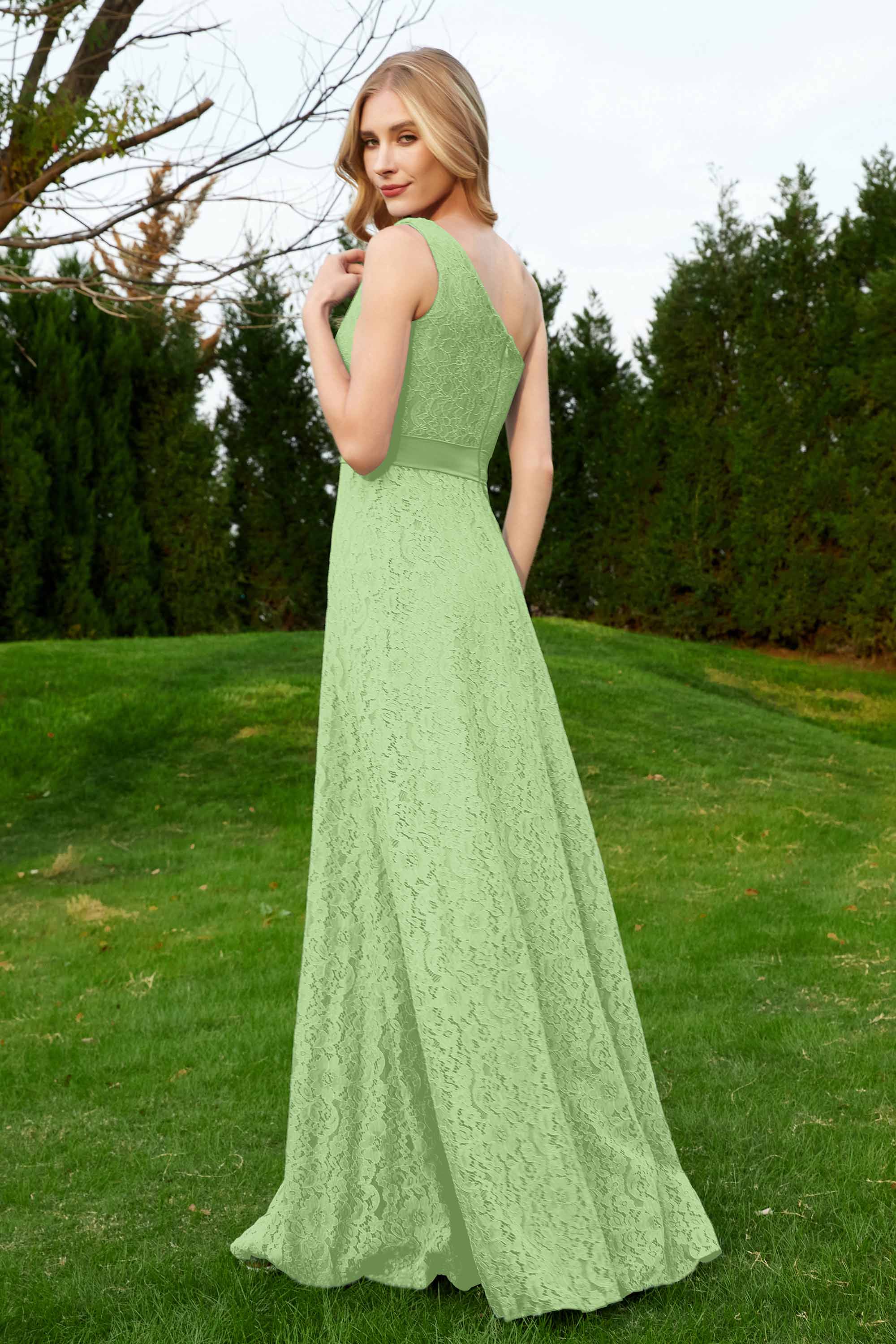 One Shoulder Sleeveless Lace Formal Evening Dresses Sash Ruched Bridesmaid Party Gowns