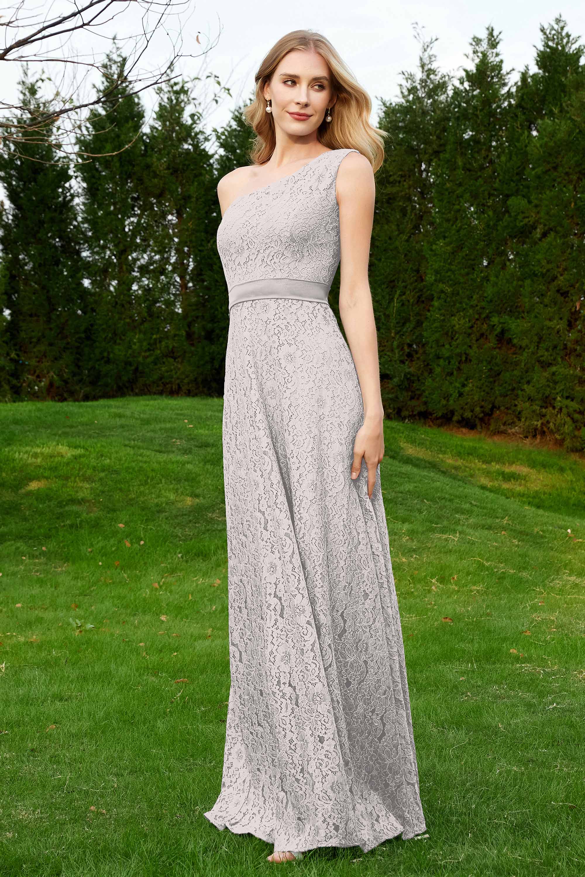 One Shoulder Sleeveless Lace Formal Evening Dresses Sash Ruched Bridesmaid Party Gowns