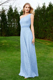 One Shoulder Sleeveless Lace Formal Evening Dresses Sash Ruched Bridesmaid Party Gowns