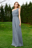 One Shoulder Sleeveless Lace Formal Evening Dresses Sash Ruched Bridesmaid Party Gowns