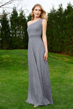 One Shoulder Sleeveless Lace Formal Evening Dresses Sash Ruched Bridesmaid Party Gowns
