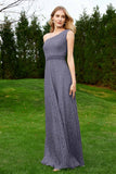One Shoulder Sleeveless Lace Formal Evening Dresses Sash Ruched Bridesmaid Party Gowns