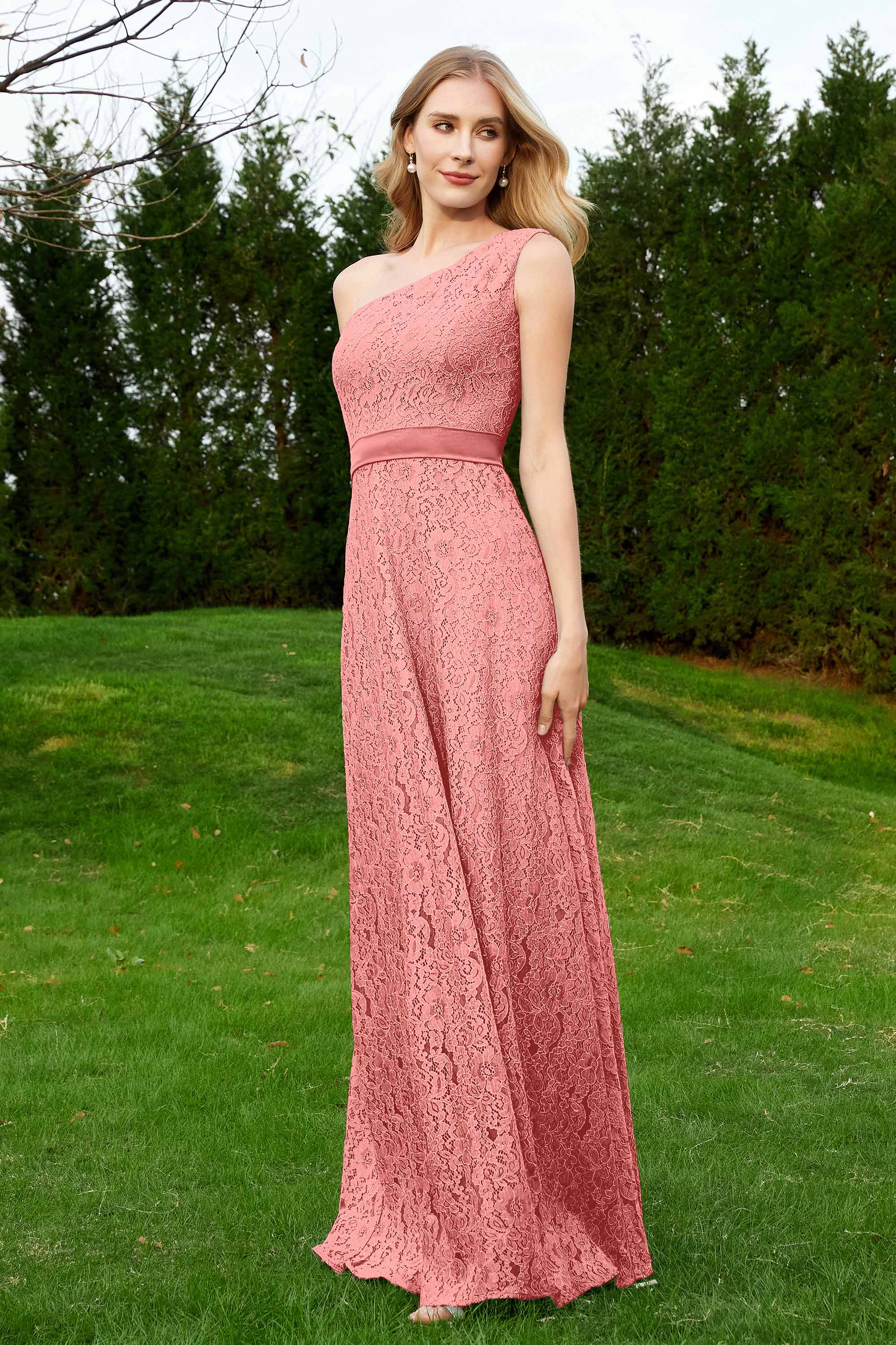 One Shoulder Sleeveless Lace Formal Evening Dresses Sash Ruched Bridesmaid Party Gowns