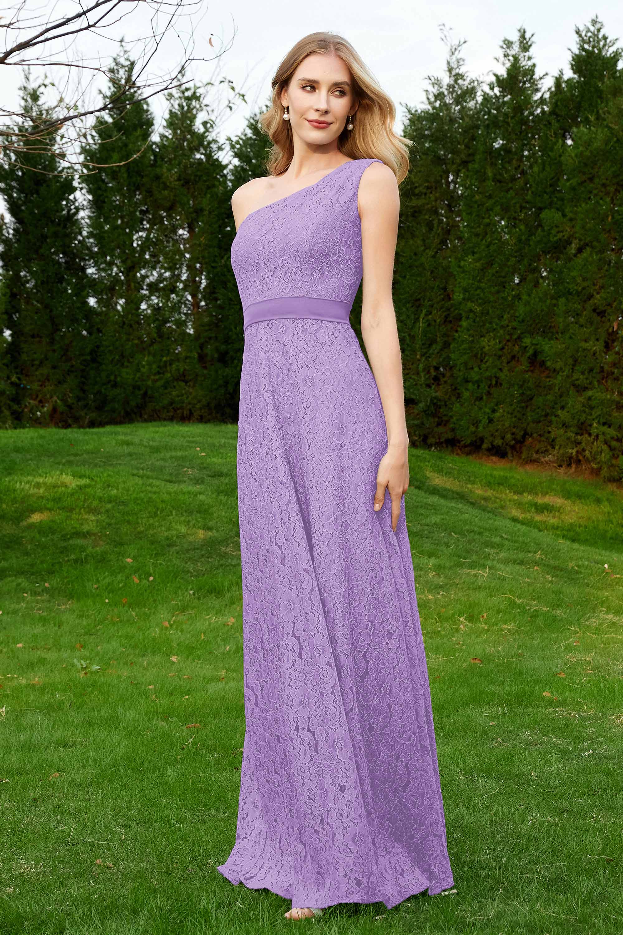 One Shoulder Sleeveless Lace Formal Evening Dresses Sash Ruched Bridesmaid Party Gowns