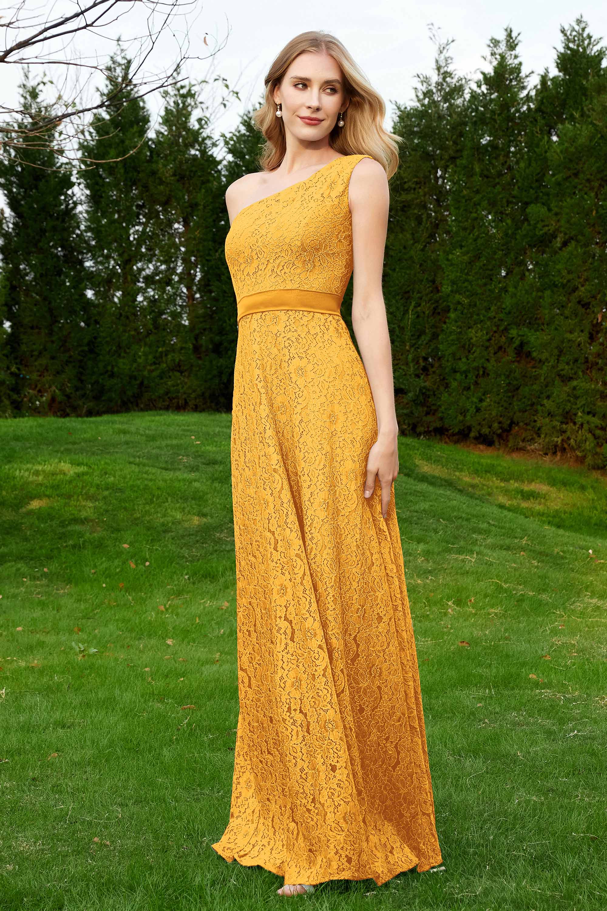 One Shoulder Sleeveless Lace Formal Evening Dresses Sash Ruched Bridesmaid Party Gowns