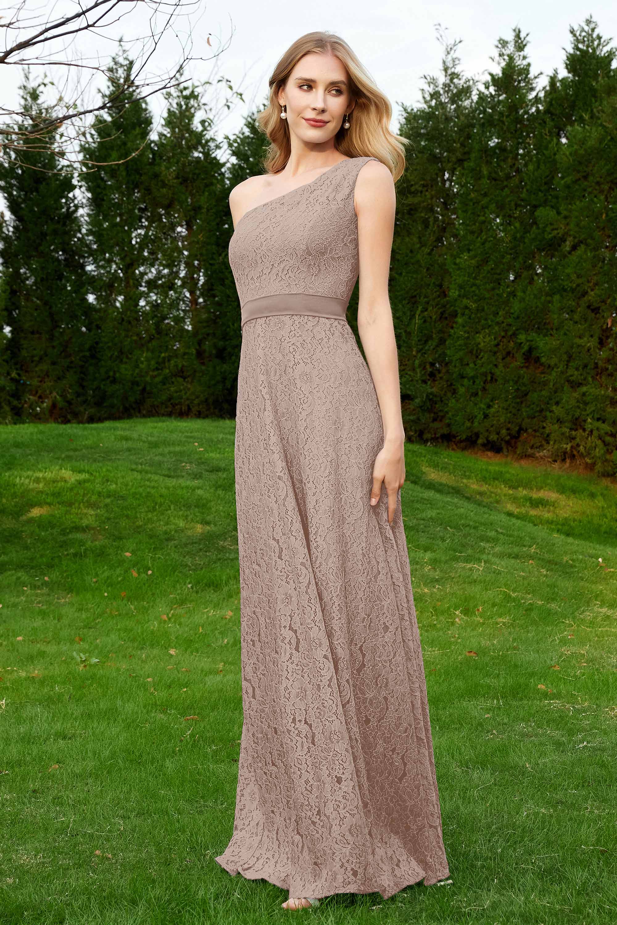 One Shoulder Sleeveless Lace Formal Evening Dresses Sash Ruched Bridesmaid Party Gowns