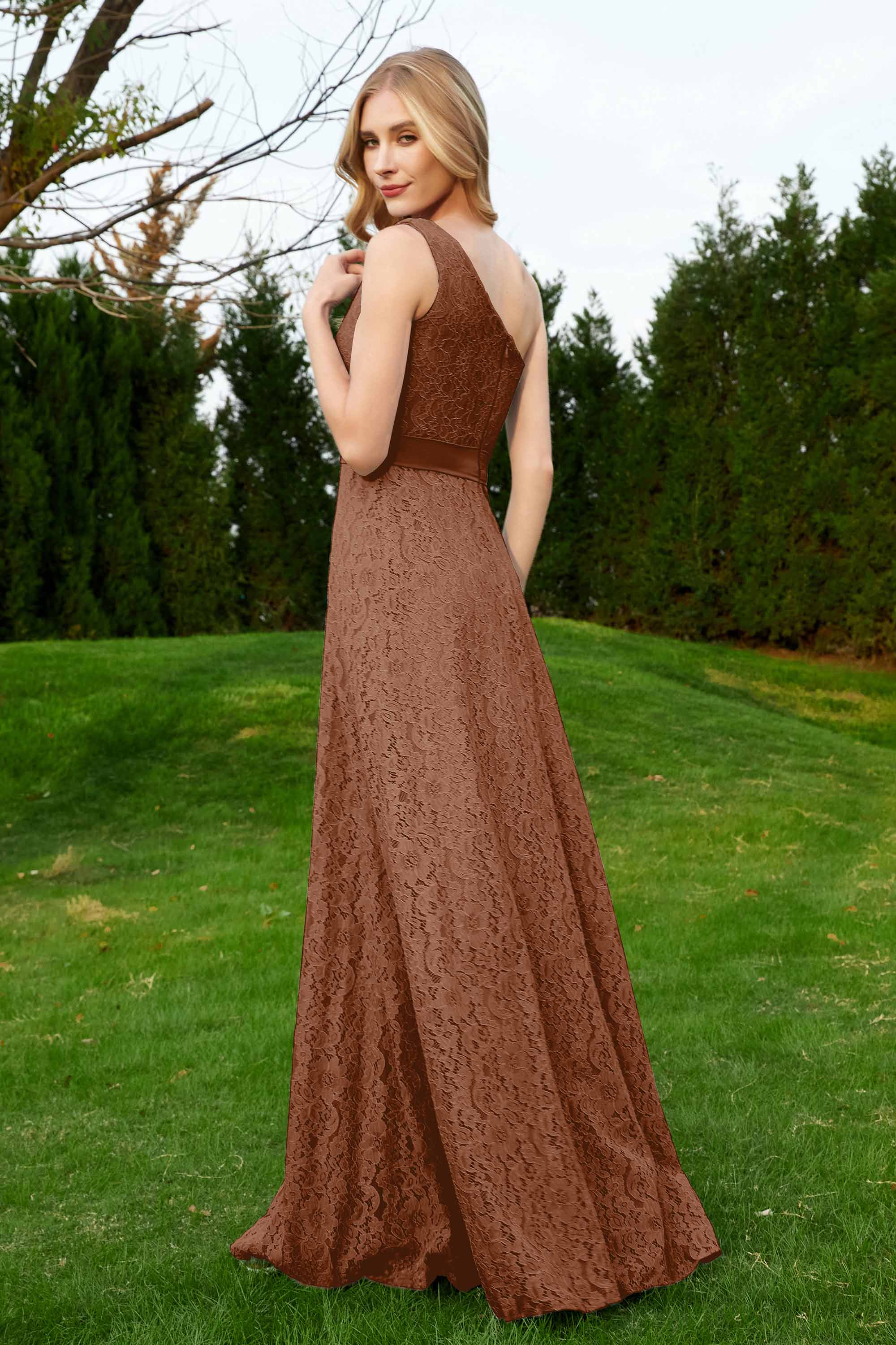 One Shoulder Sleeveless Lace Formal Evening Dresses Sash Ruched Bridesmaid Party Gowns