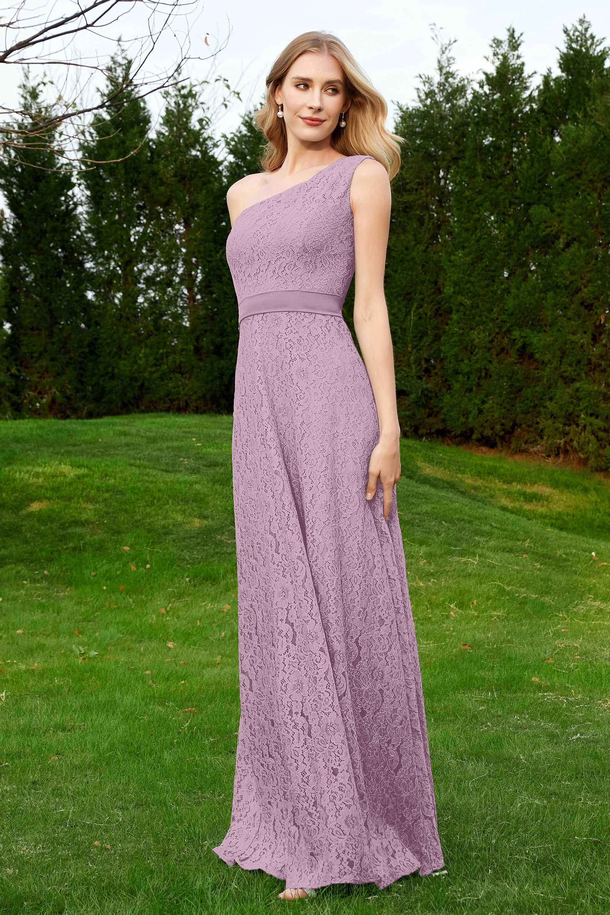 One Shoulder Sleeveless Lace Formal Evening Dresses Sash Ruched Bridesmaid Party Gowns