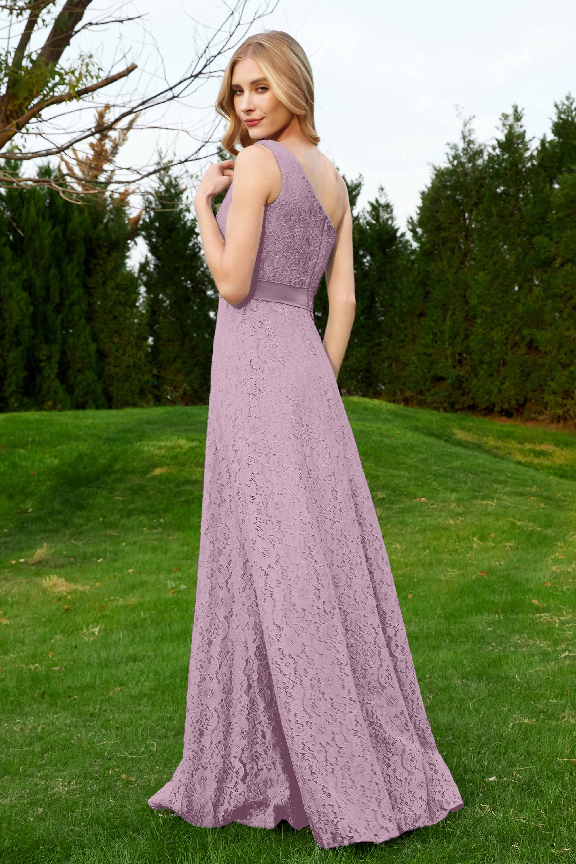 One Shoulder Sleeveless Lace Formal Evening Dresses Sash Ruched Bridesmaid Party Gowns