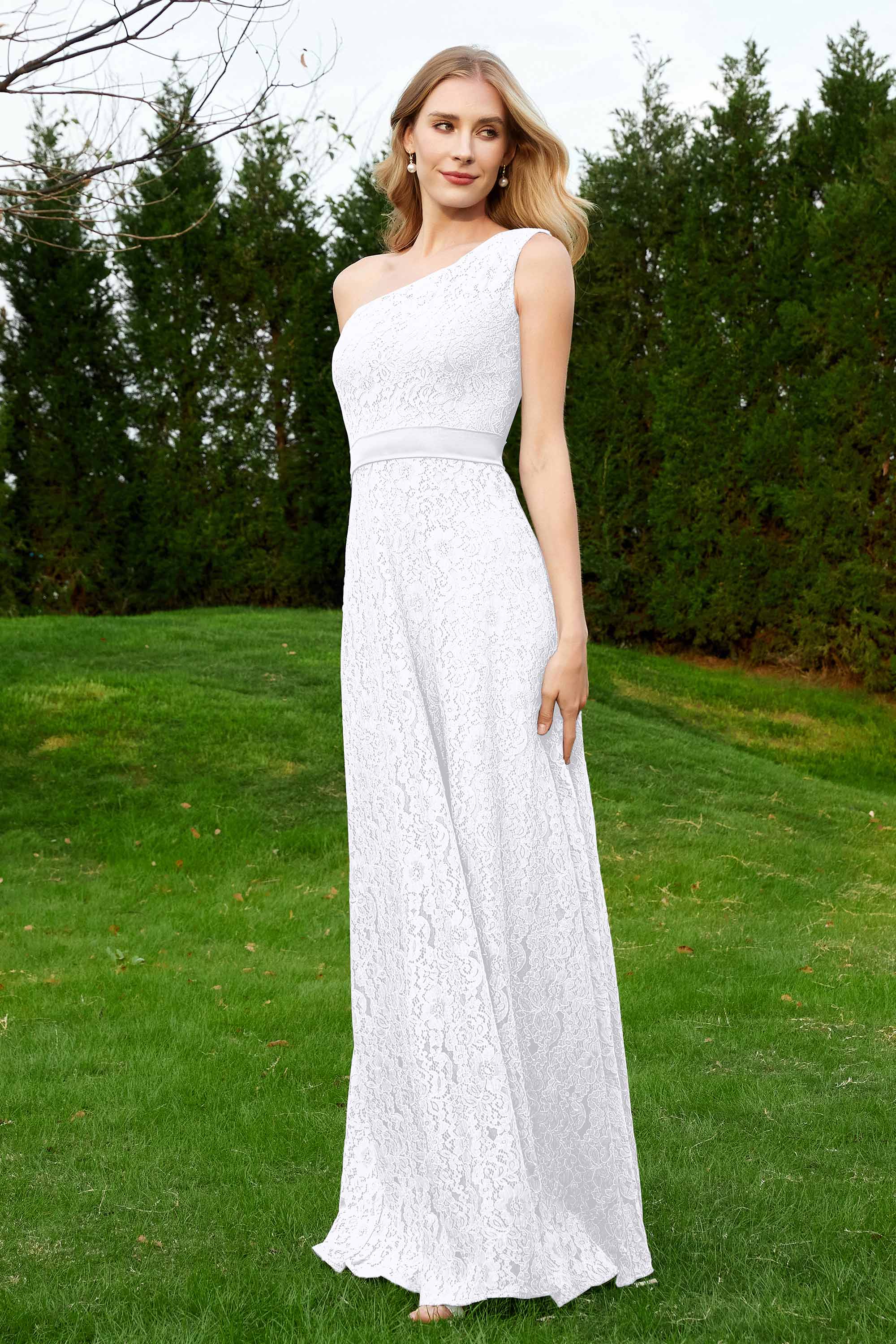 One Shoulder Sleeveless Lace Formal Evening Dresses Sash Ruched Bridesmaid Party Gowns