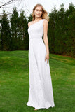 One Shoulder Sleeveless Lace Formal Evening Dresses Sash Ruched Bridesmaid Party Gowns