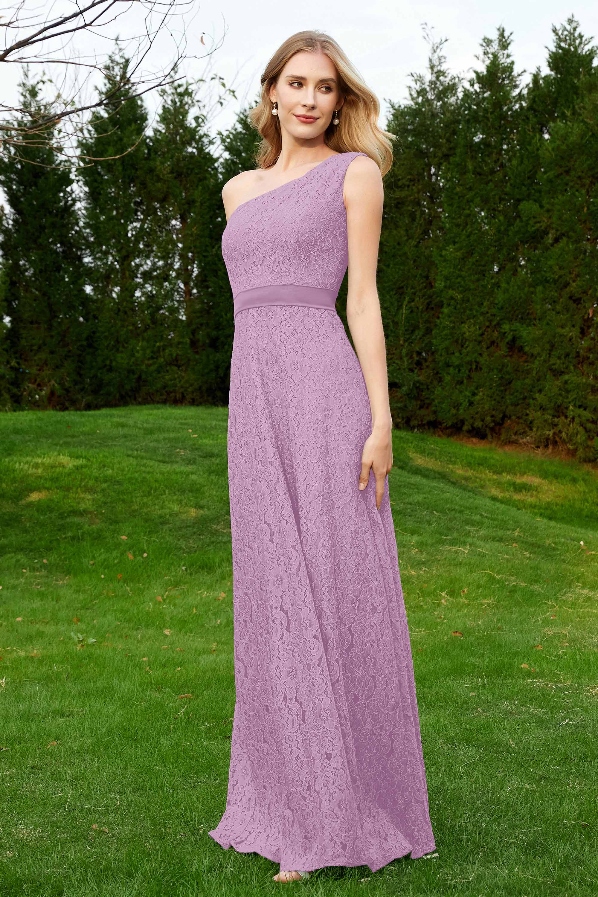 One Shoulder Sleeveless Lace Formal Evening Dresses Sash Ruched Bridesmaid Party Gowns