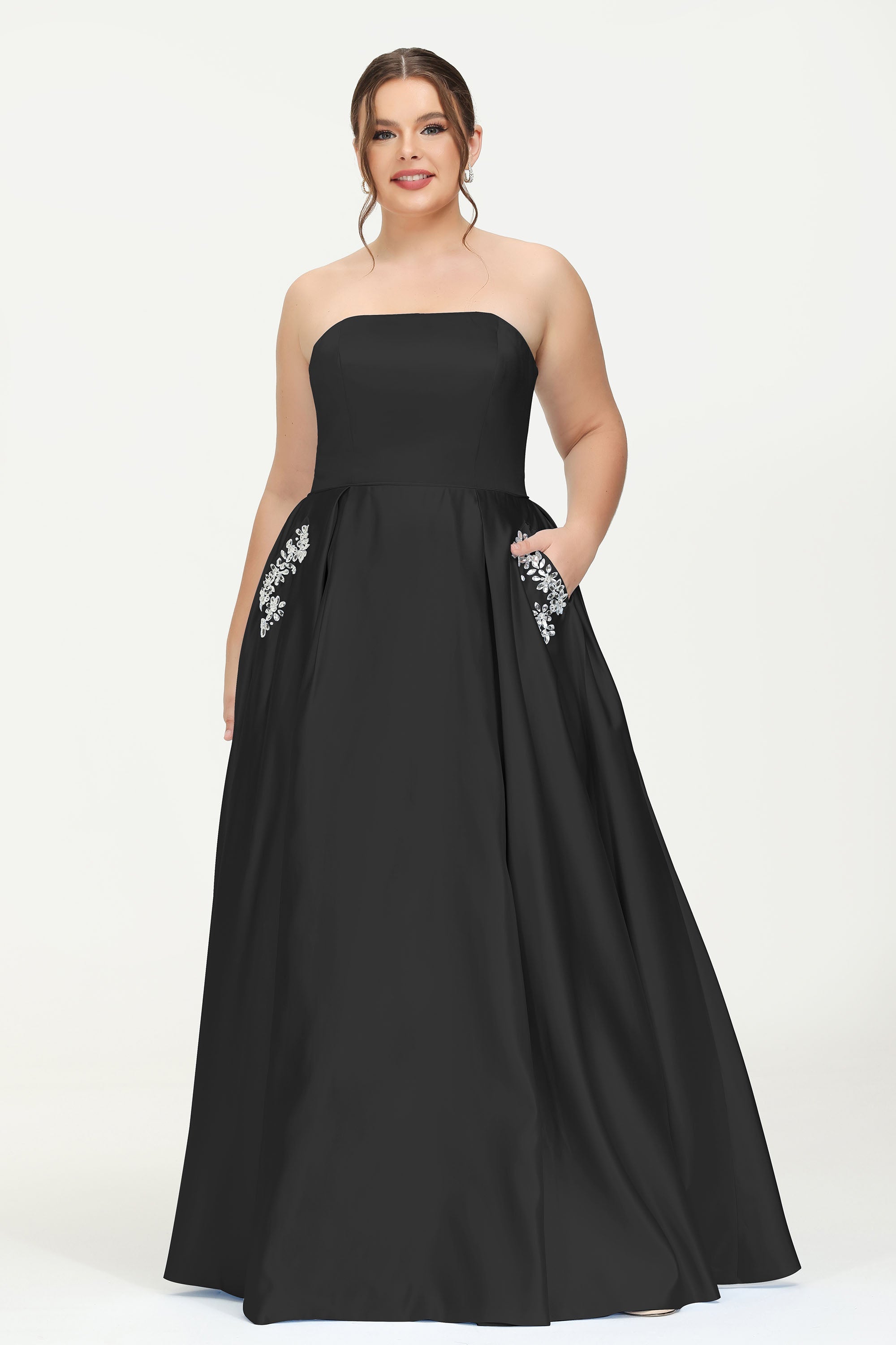 Strapless Satin A Line Princess Dress Rhinestone Ruched Formal Evening Prom Party Dresses