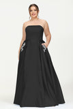 Strapless Satin A Line Princess Dress Rhinestone Ruched Formal Evening Prom Party Dresses