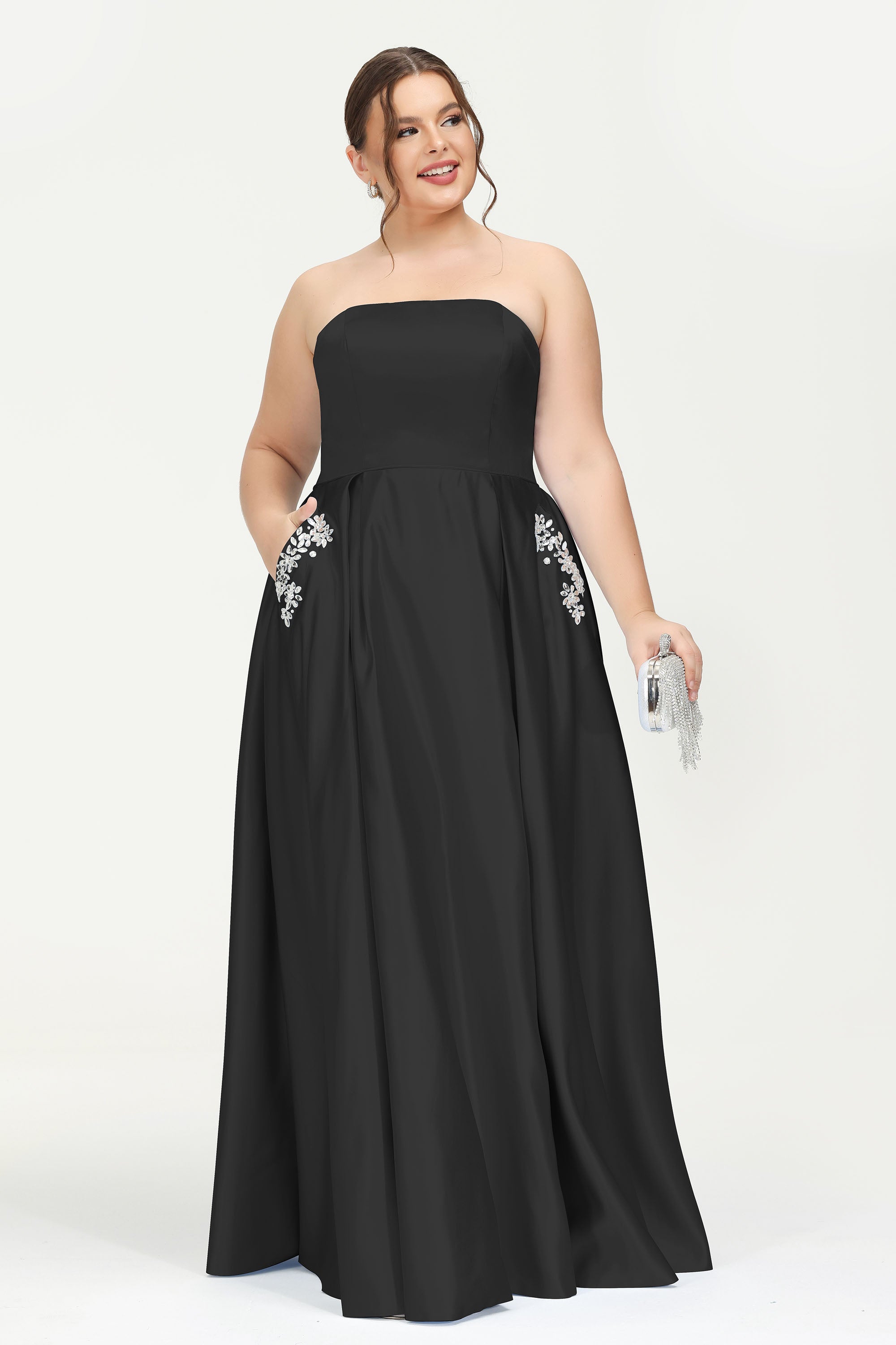 Strapless Satin A Line Princess Dress Rhinestone Ruched Formal Evening Prom Party Dresses