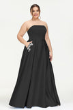 Strapless Satin A Line Princess Dress Rhinestone Ruched Formal Evening Prom Party Dresses