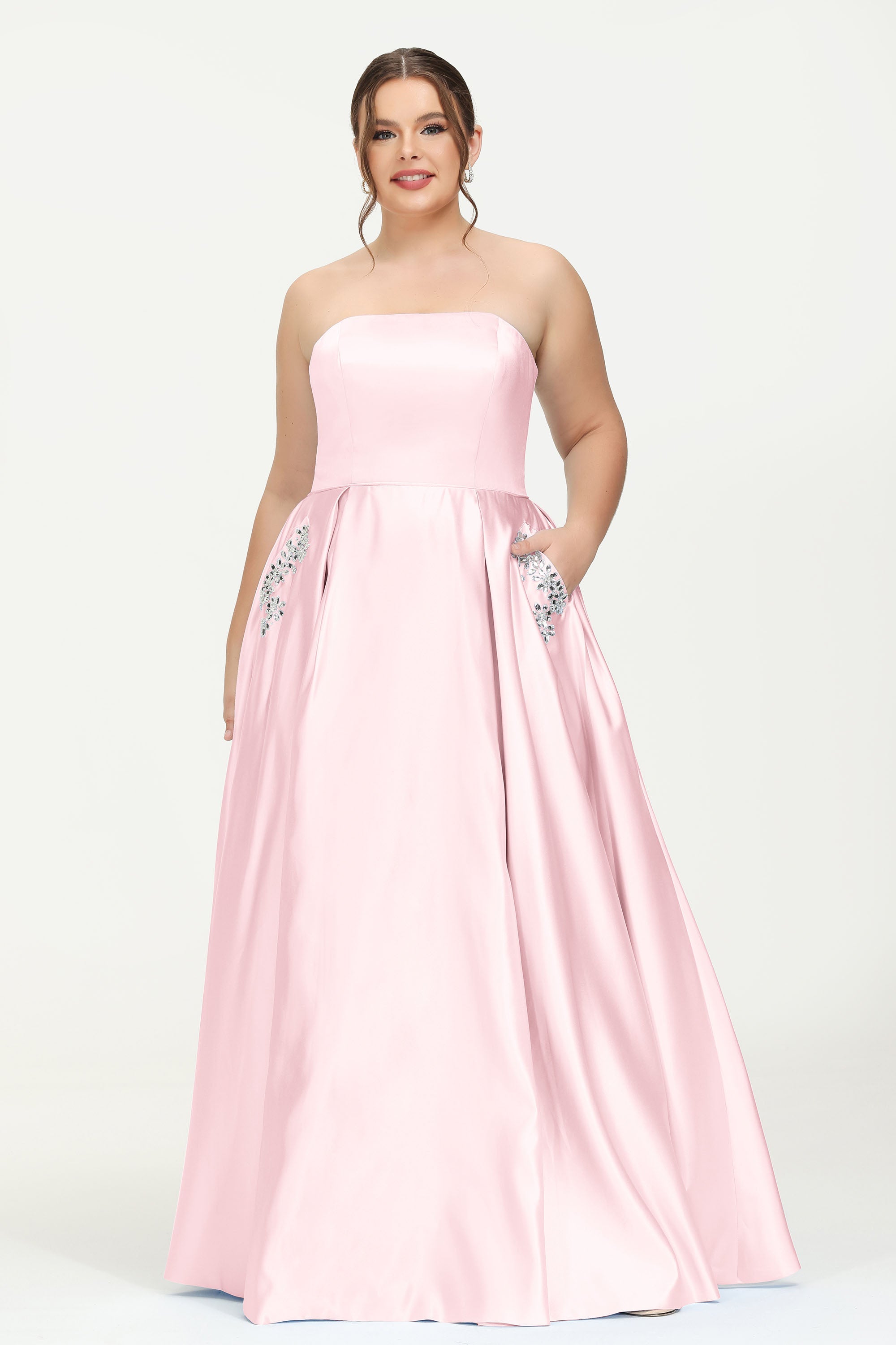 Strapless Satin A Line Princess Dress Rhinestone Ruched Formal Evening Prom Party Dresses