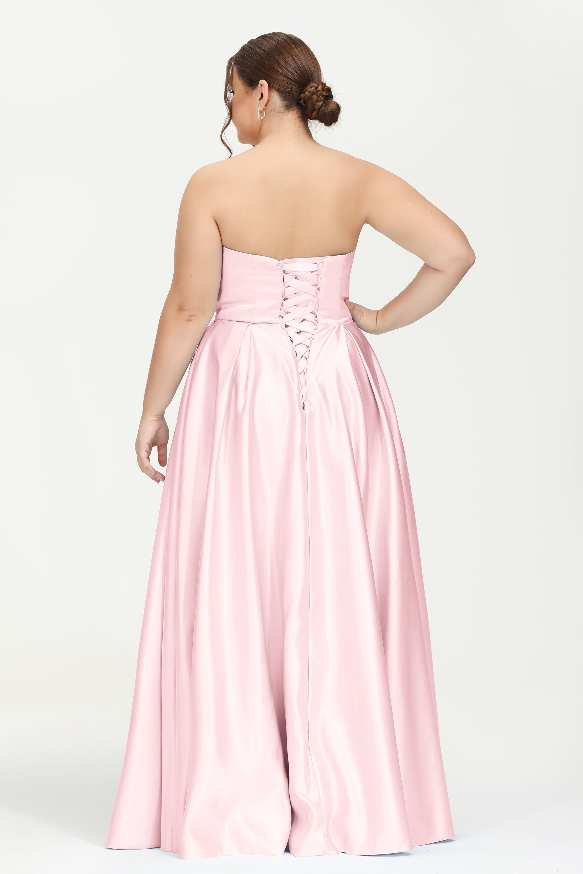 Strapless Satin A Line Princess Dress Rhinestone Ruched Formal Evening Prom Party Dresses