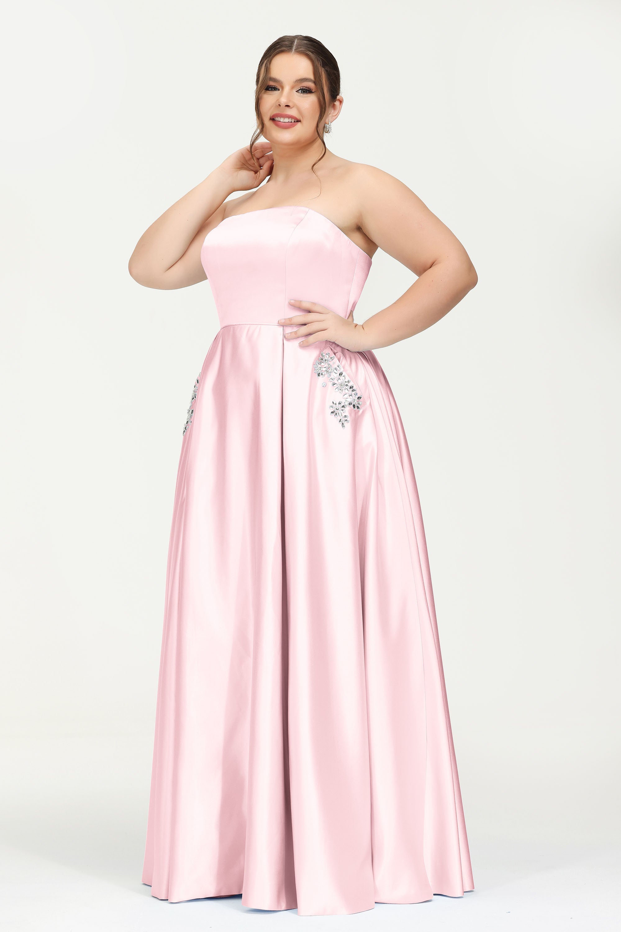 Strapless Satin A Line Princess Dress Rhinestone Ruched Formal Evening Prom Party Dresses