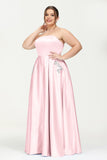 Strapless Satin A Line Princess Dress Rhinestone Ruched Formal Evening Prom Party Dresses