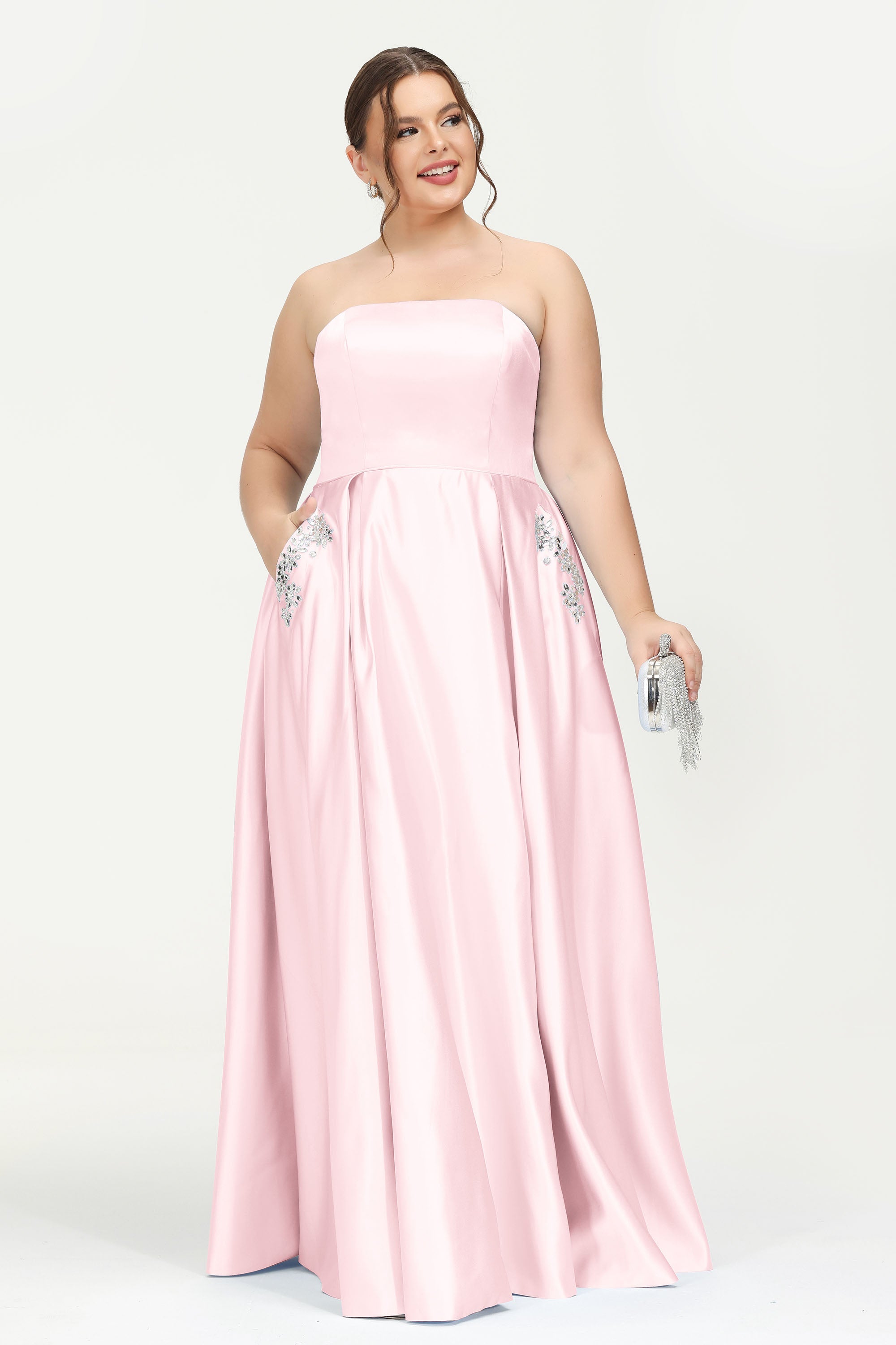 Strapless Satin A Line Princess Dress Rhinestone Ruched Formal Evening Prom Party Dresses