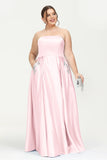 Strapless Satin A Line Princess Dress Rhinestone Ruched Formal Evening Prom Party Dresses