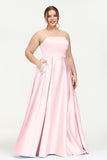 Strapless Satin A Line Princess Dress Rhinestone Ruched Formal Evening Prom Party Dresses
