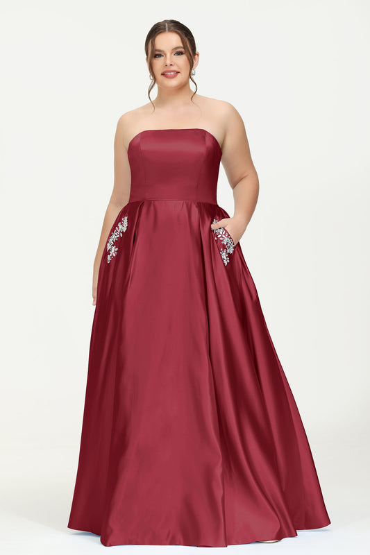 Strapless Satin A Line Princess Dress Rhinestone Ruched Formal Evening Prom Party Dresses