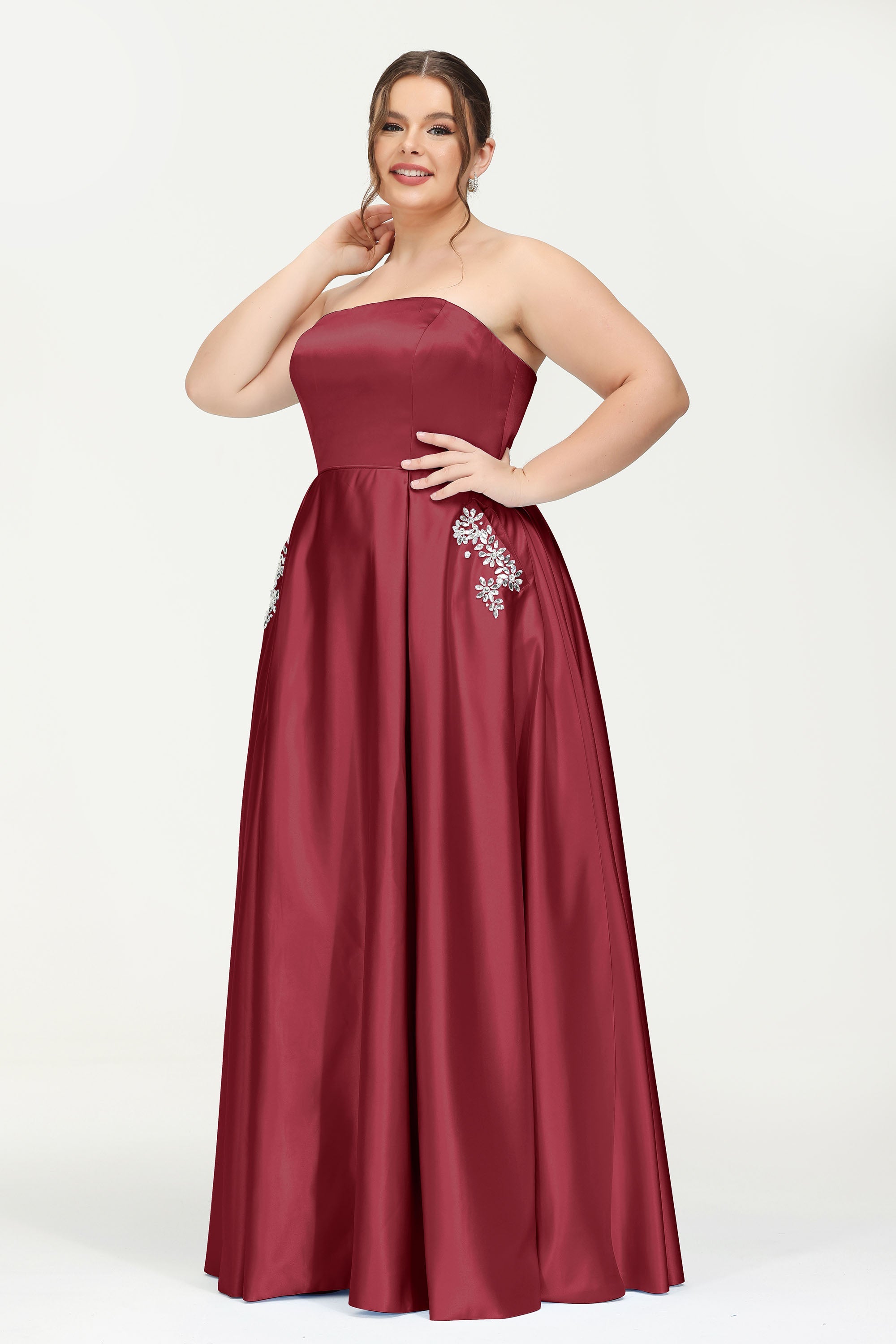 Strapless Satin A Line Princess Dress Rhinestone Ruched Formal Evening Prom Party Dresses