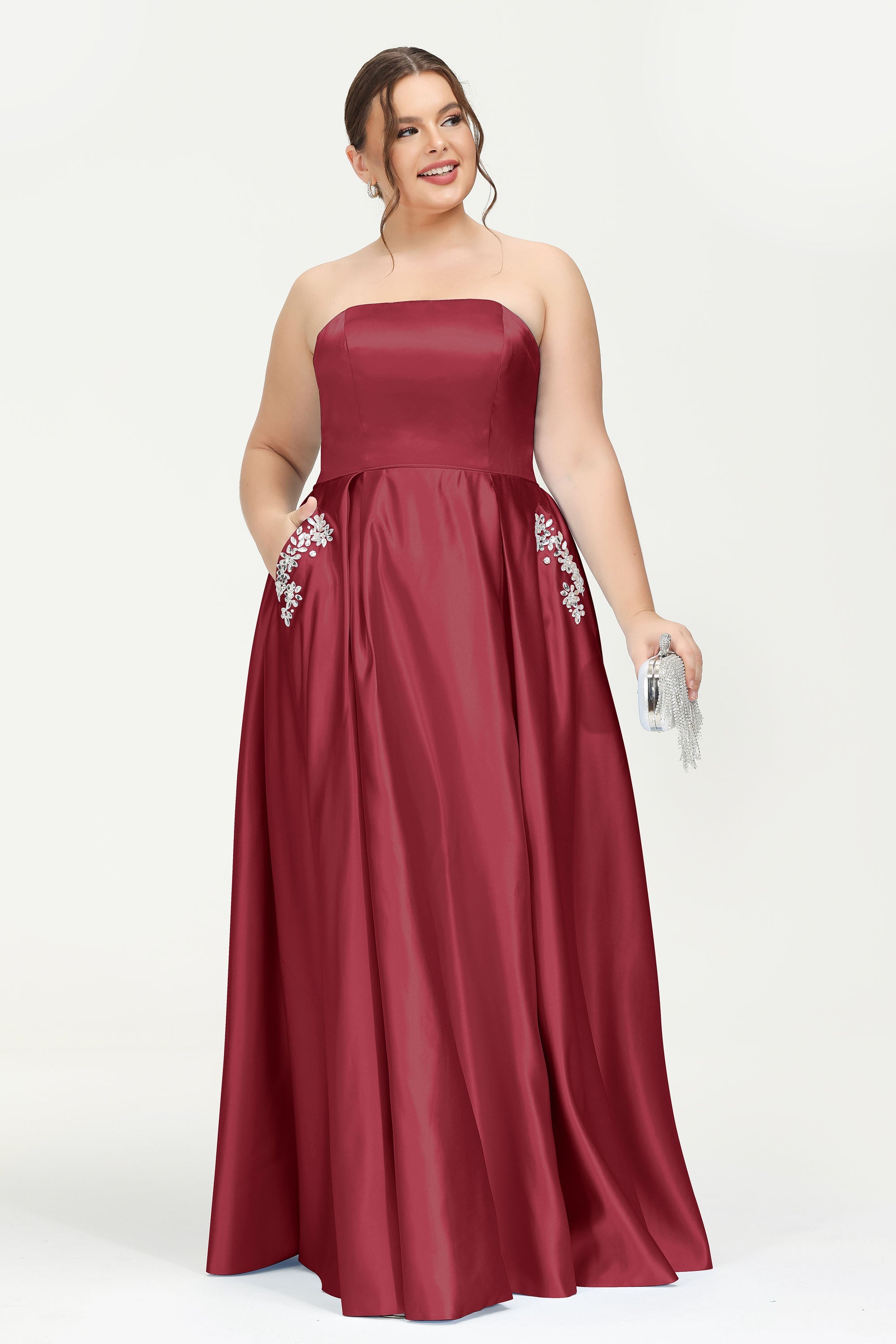 Strapless Satin A Line Princess Dress Rhinestone Ruched Formal Evening Prom Party Dresses