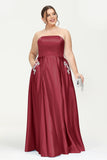 Strapless Satin A Line Princess Dress Rhinestone Ruched Formal Evening Prom Party Dresses