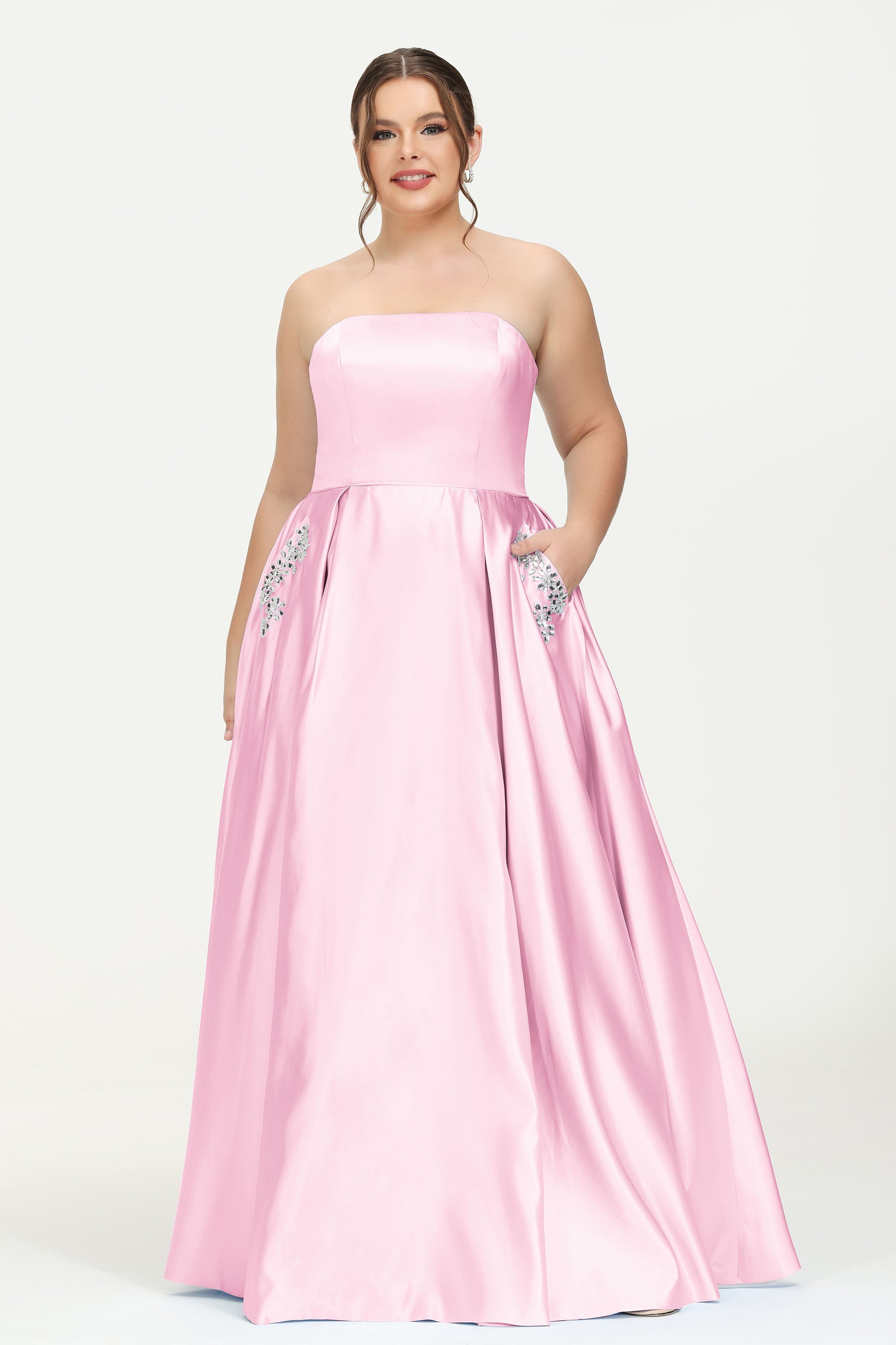 Strapless Satin A Line Princess Dress Rhinestone Ruched Formal Evening Prom Party Dresses