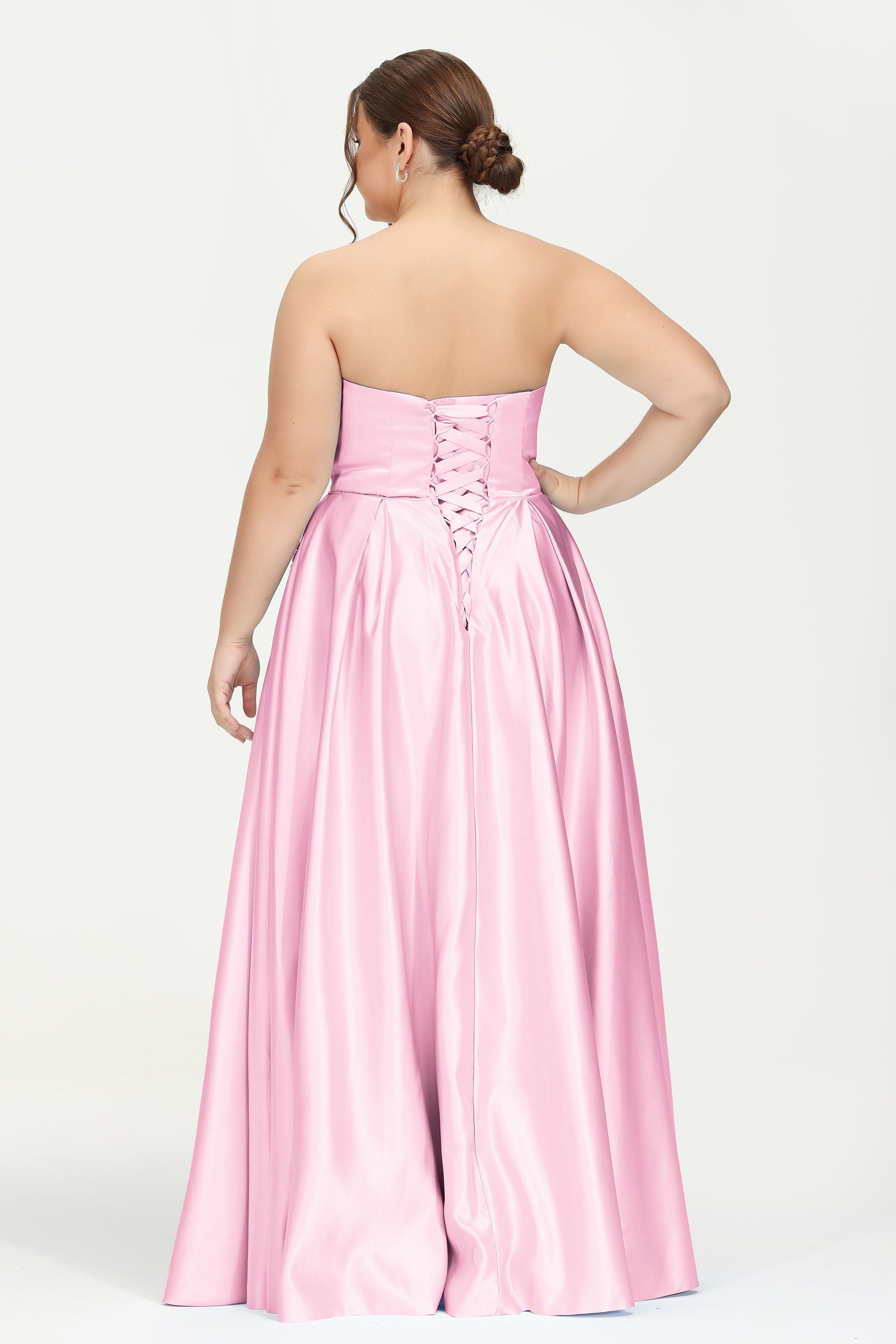 Strapless Satin A Line Princess Dress Rhinestone Ruched Formal Evening Prom Party Dresses