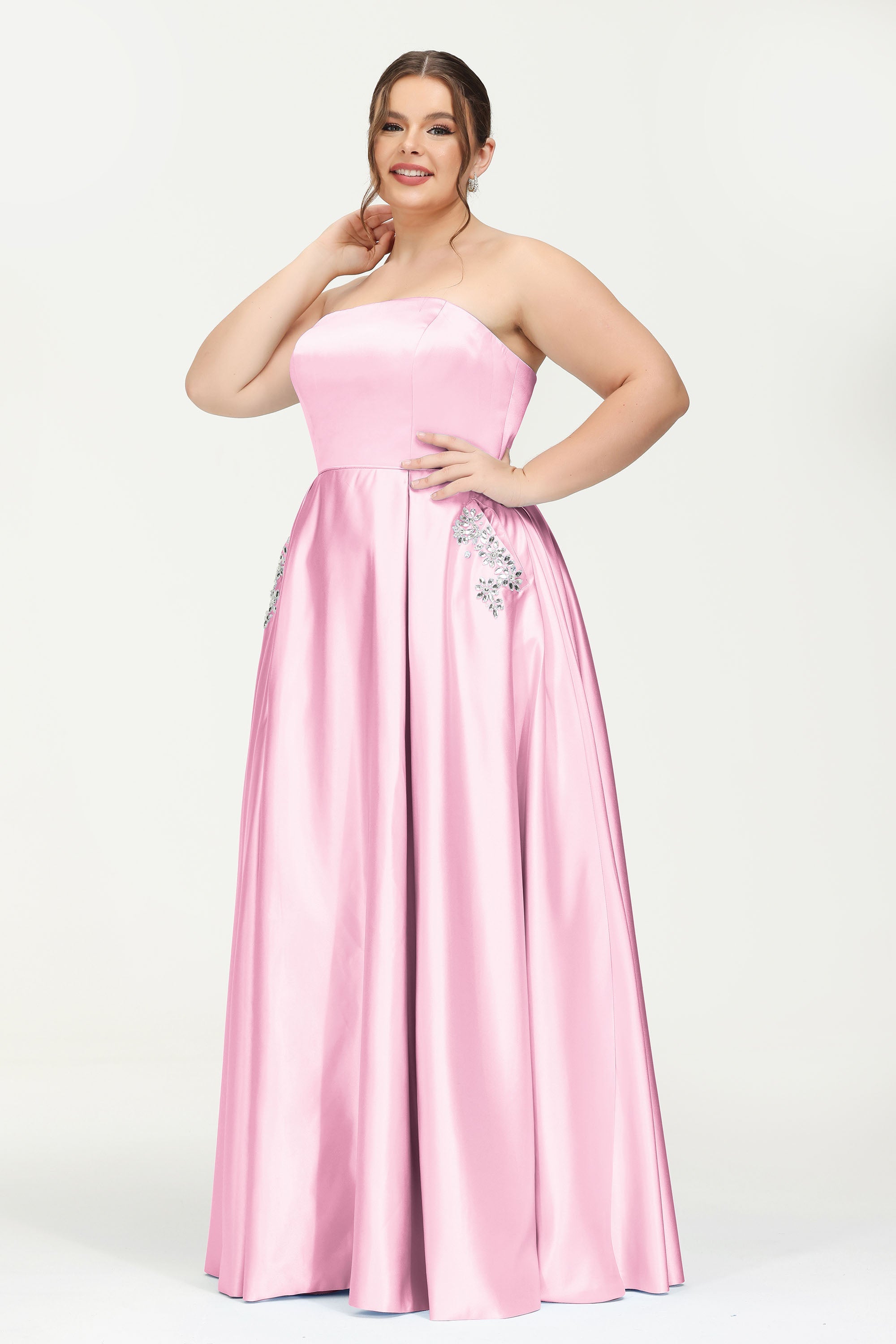 Strapless Satin A Line Princess Dress Rhinestone Ruched Formal Evening Prom Party Dresses