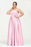 Strapless Satin A Line Princess Dress Rhinestone Ruched Formal Evening Prom Party Dresses