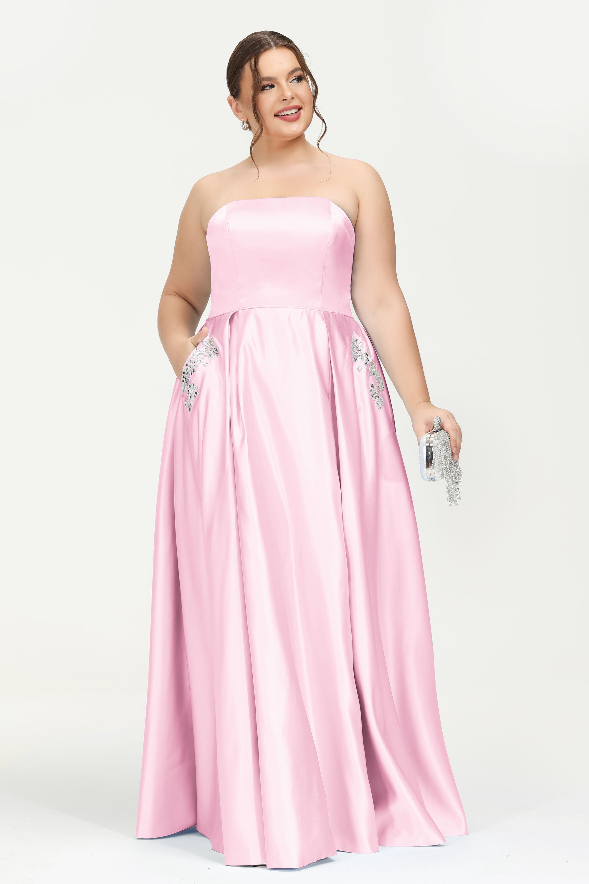 Strapless Satin A Line Princess Dress Rhinestone Ruched Formal Evening Prom Party Dresses