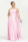 Strapless Satin A Line Princess Dress Rhinestone Ruched Formal Evening Prom Party Dresses