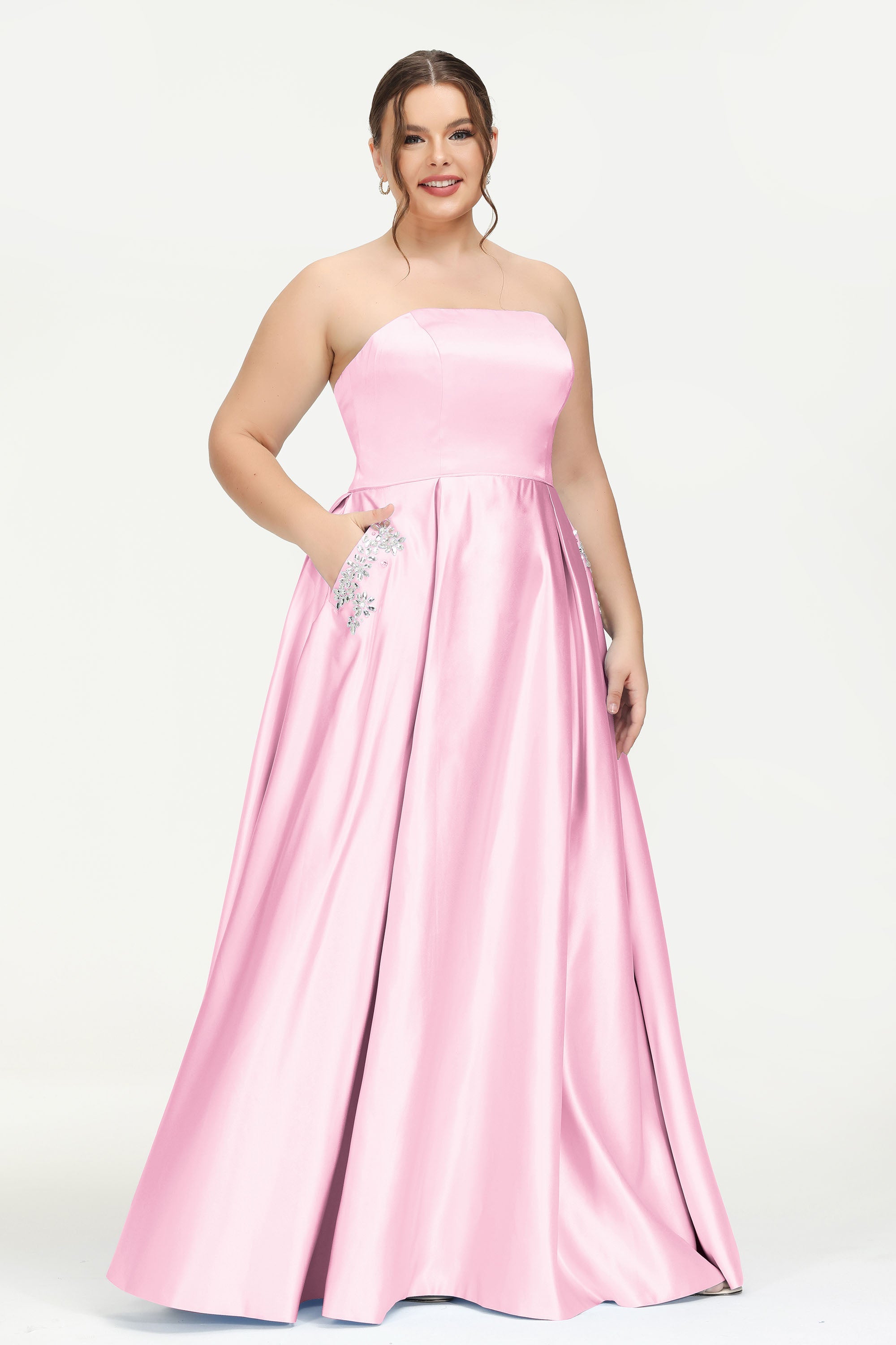 Strapless Satin A Line Princess Dress Rhinestone Ruched Formal Evening Prom Party Dresses
