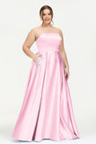 Strapless Satin A Line Princess Dress Rhinestone Ruched Formal Evening Prom Party Dresses