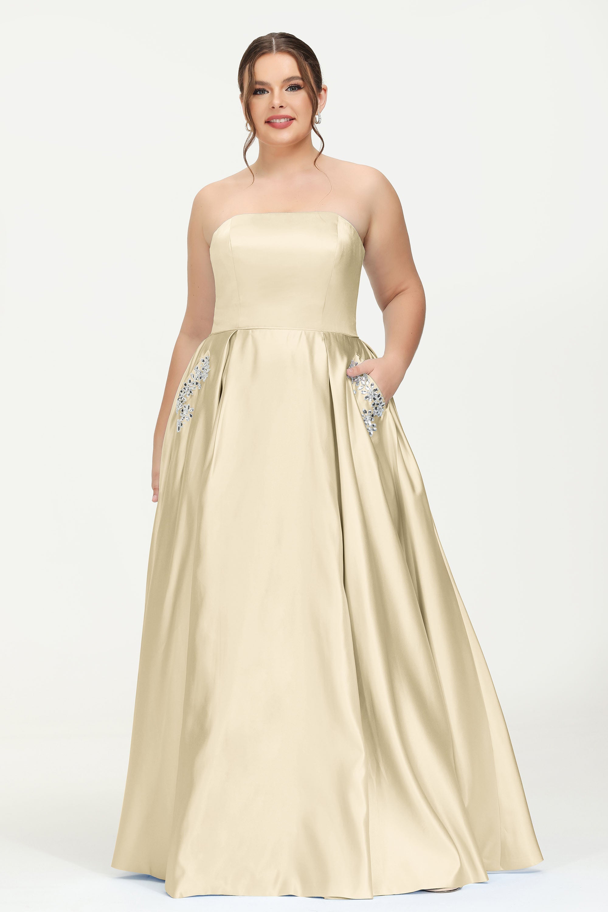 Strapless Satin A Line Princess Dress Rhinestone Ruched Formal Evening Prom Party Dresses