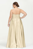 Strapless Satin A Line Princess Dress Rhinestone Ruched Formal Evening Prom Party Dresses
