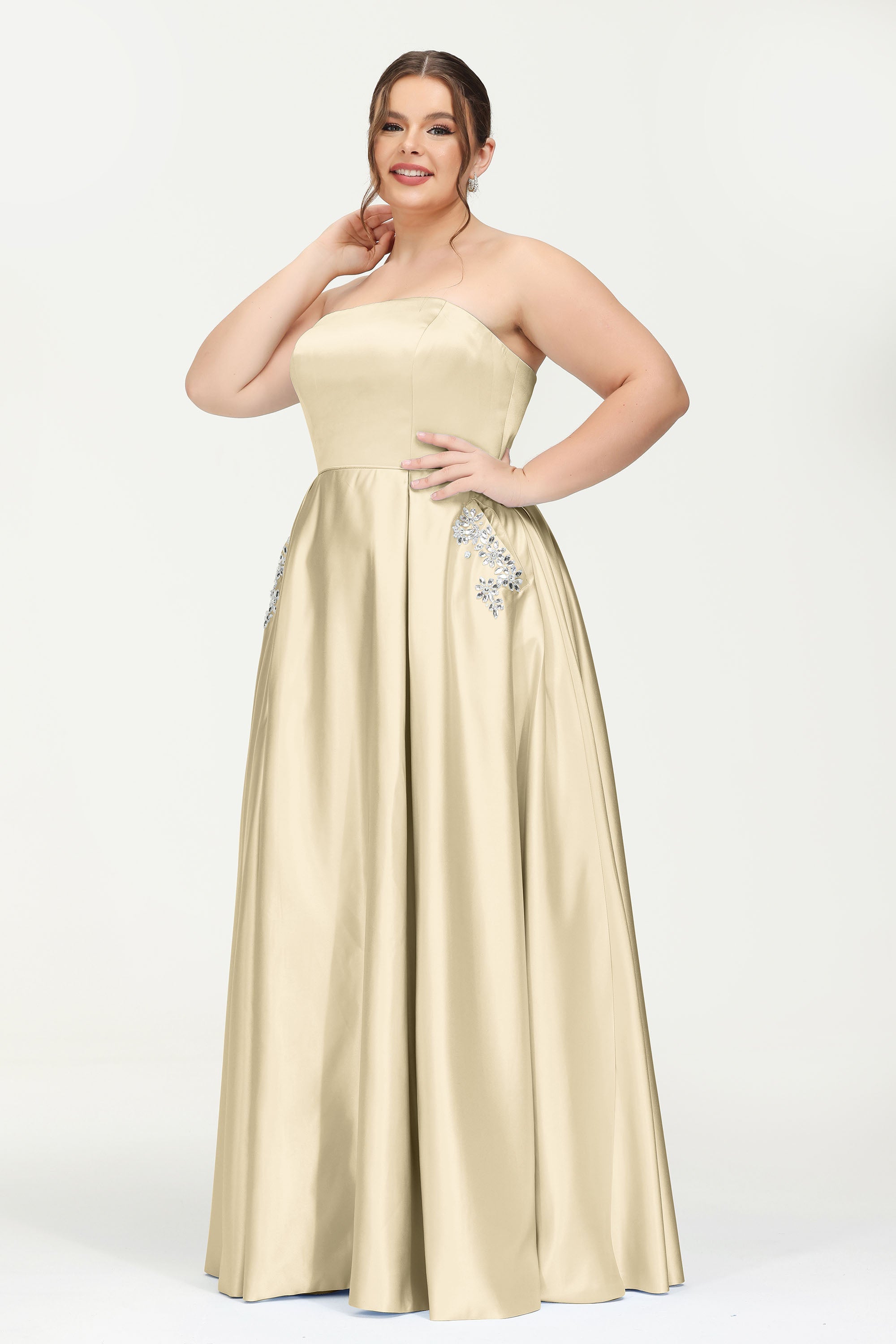 Strapless Satin A Line Princess Dress Rhinestone Ruched Formal Evening Prom Party Dresses