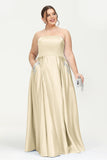 Strapless Satin A Line Princess Dress Rhinestone Ruched Formal Evening Prom Party Dresses