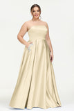 Strapless Satin A Line Princess Dress Rhinestone Ruched Formal Evening Prom Party Dresses